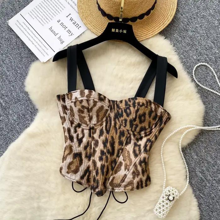 Sexy léopard Corset arête de poisson Chic coréen Camis débardeur mode de base épaules dénudées été f