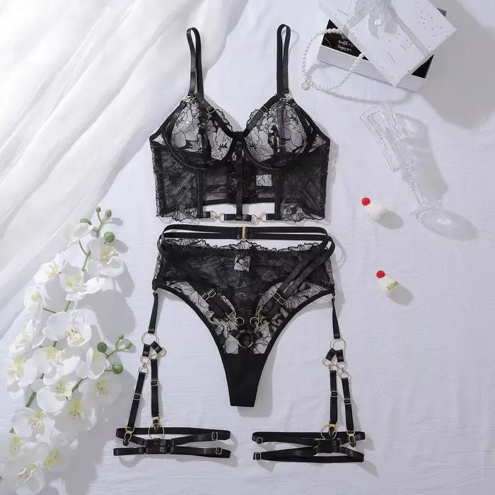 Dames intime luxe brodé fleur Sexy 4 pièces ensemble haut érotique coupe ajustée façonnage femmes en