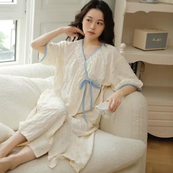 Robe de nuit kimono d'allaitement en coton froissé doux pour l'été, robe mi-longue post-partum à man
