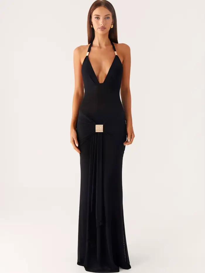 Robe longue sexy Mozision à col halter et décolleté plongeant pour femme, élégante, sans manches, do