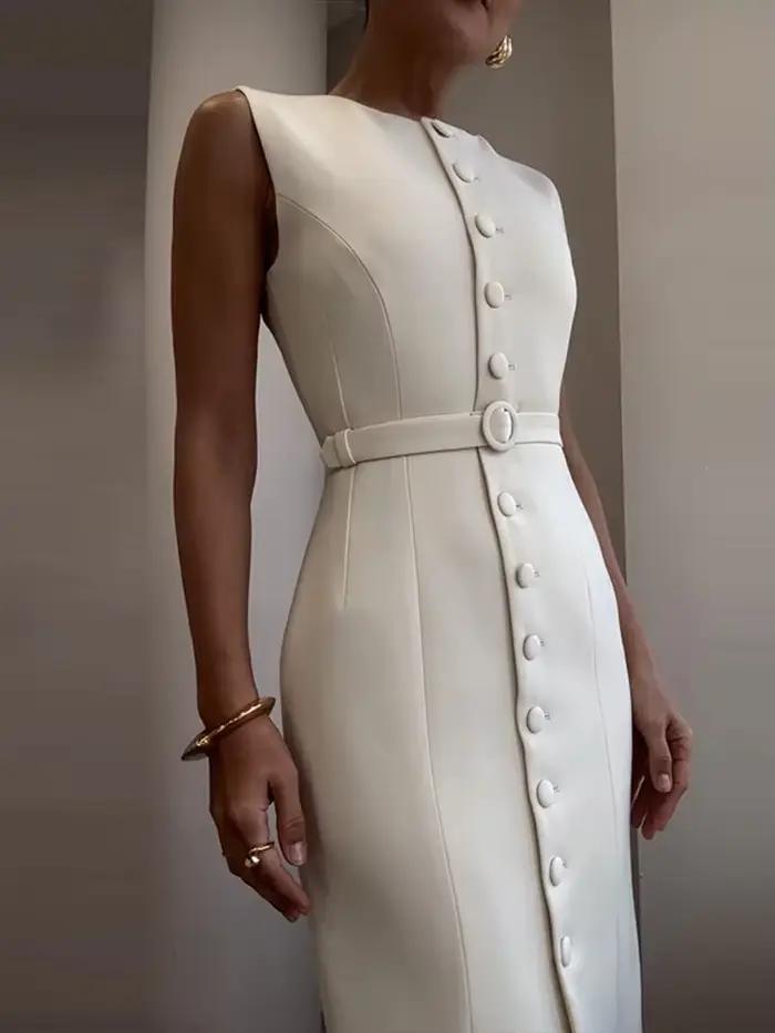 Costume sans manches à lacets robe mi-longue femmes élégant col rond simple boutonnage coupe ajustée