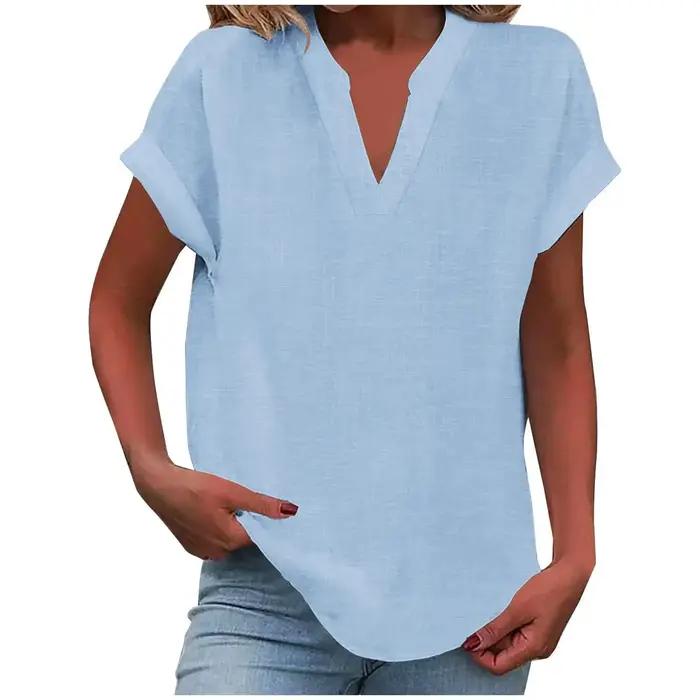 Chemise en rayonne de bambou pour femmes, couleur Pure, manches courtes, col en v, respirant, confor