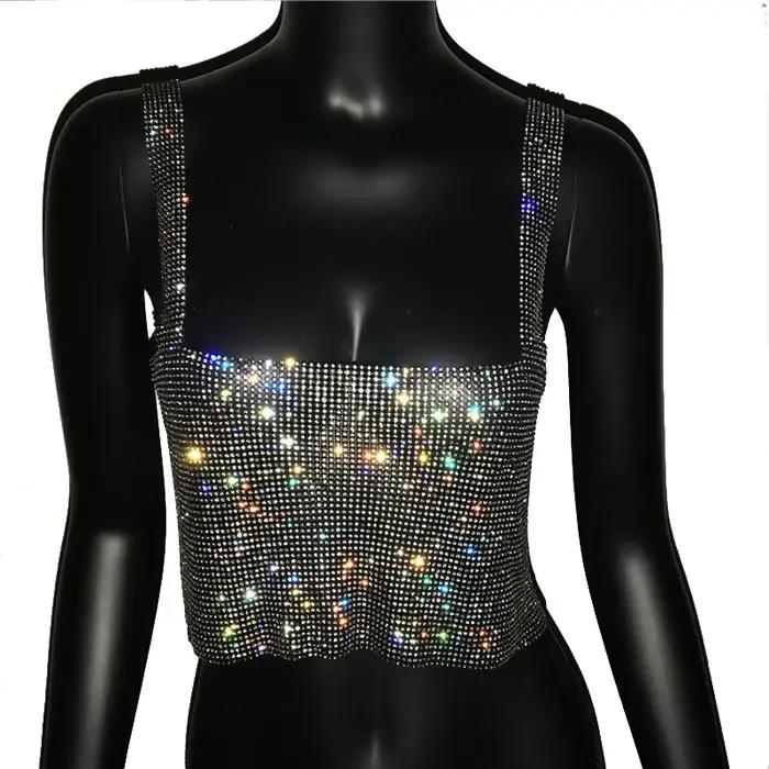 2025 paillettes discothèque dos nu strass débardeur femmes Sexy métal cristal diamants paillettes bo