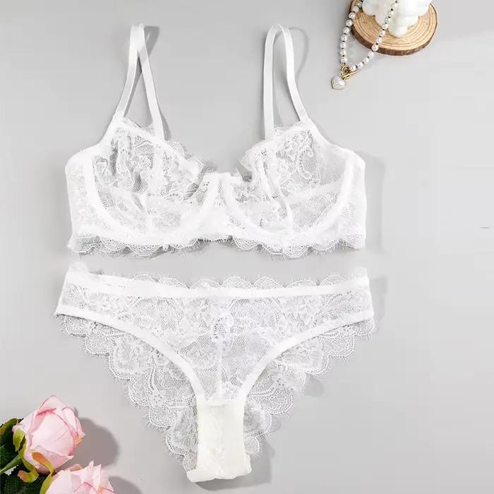 Ensemble soutien-gorge à armatures et culotte en dentelle pour femme, push-up, ultra-transparent, do