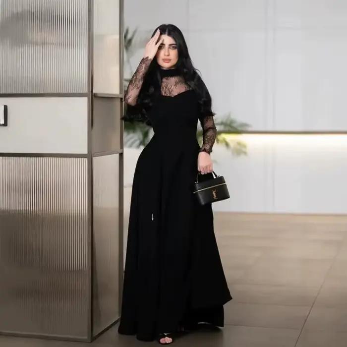 Robe de soirée corset sexy noire en dentelle à manches longues pour femme, élégante, col montant, ma