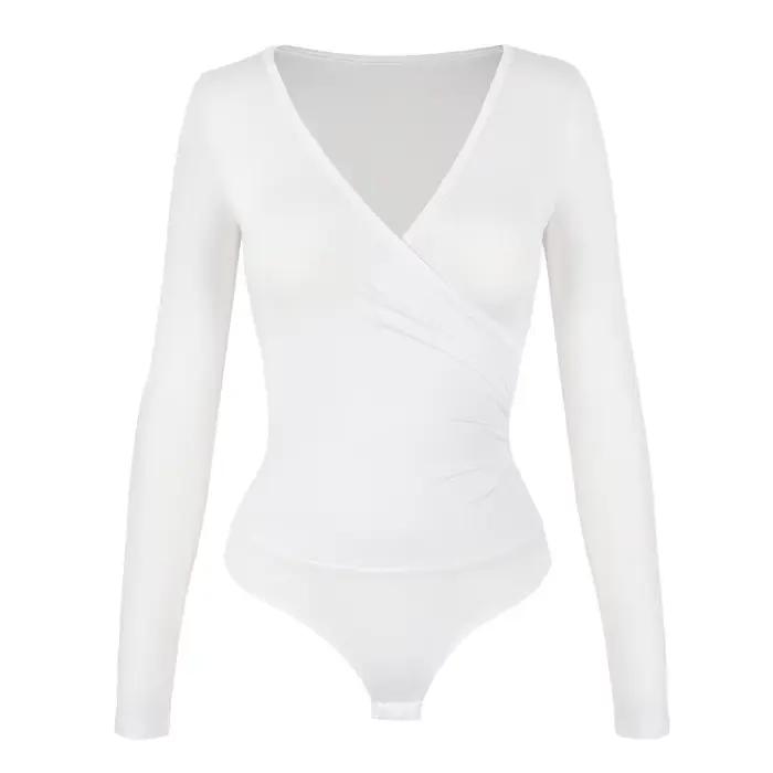 Vêtements modelants à manches longues pour femmes, Sexy, décolleté en V profond, côtelé, serré crois