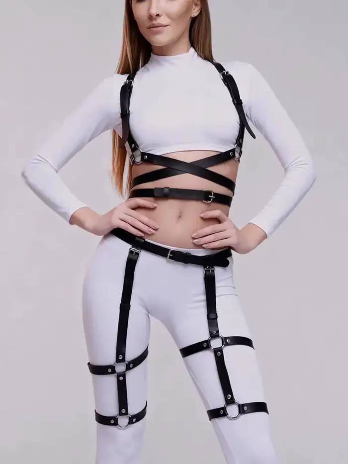 Ensemble de harnais de mode pour femme en cuir PU, harnais de taille, harnais de corps, jarretière d