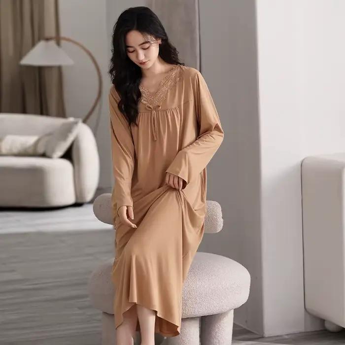 Robe de nuit modale femme vêtements de nuit une pièce robe printemps automne ample à manches longues
