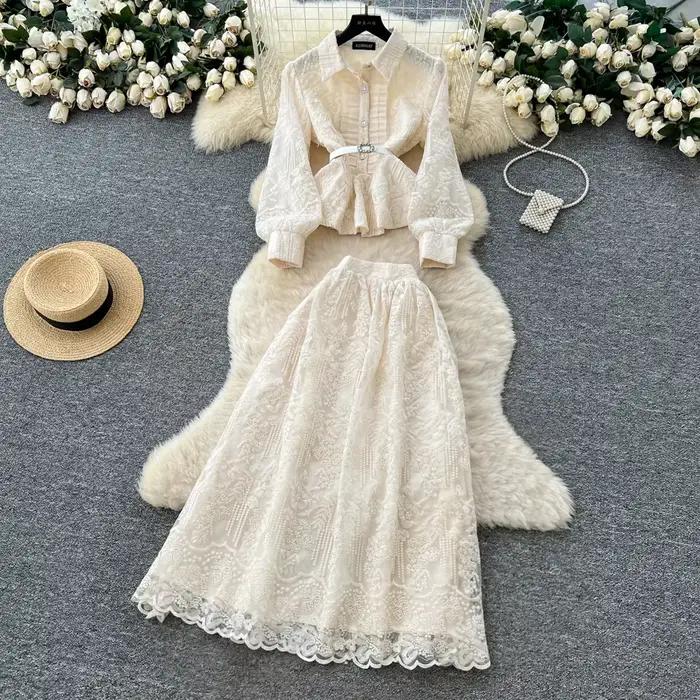 Ensemble deux pièces Chic pour femmes, haut brodé à manches longues, jupe taille haute, vêtements fé