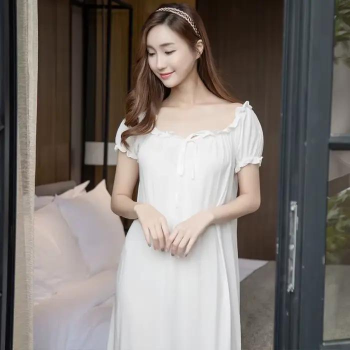 Robe de nuit en dentelle pour femmes, vêtements de nuit sexy, en coton, longue, blanche, décontracté