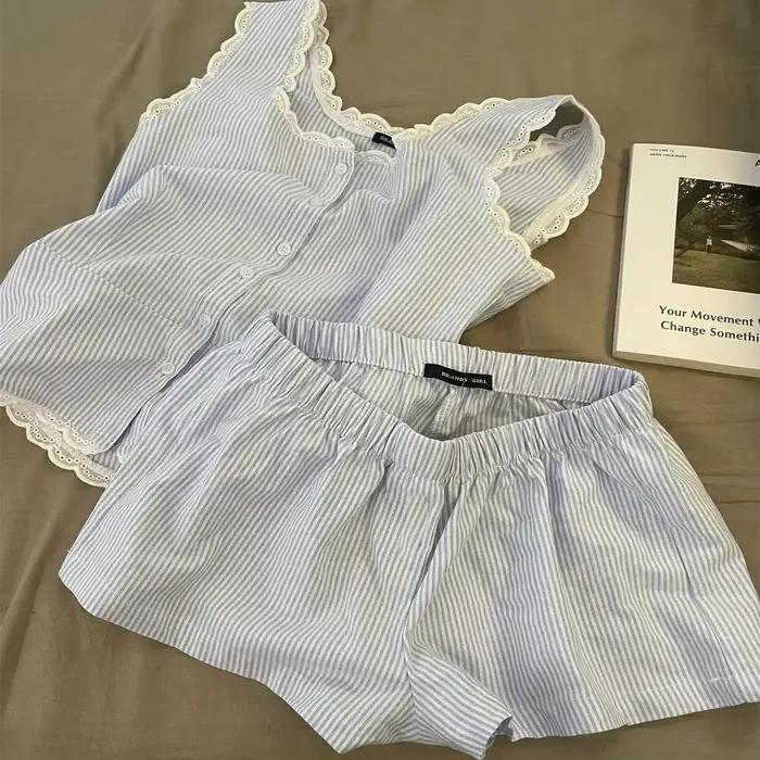 Pyjama rayé pour femmes, vêtements de nuit pour enfants, ensemble short sans manches, 2 pièces en de