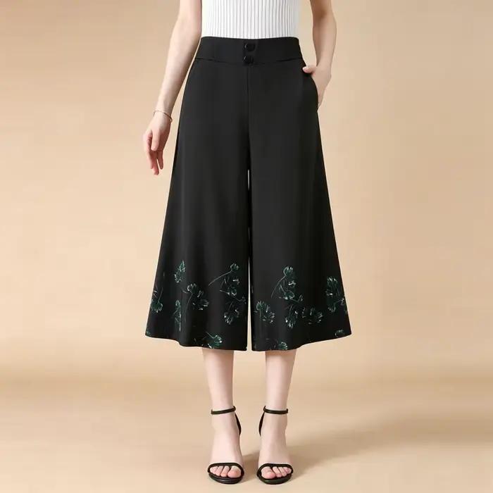 Pantalon palazzo capri taille haute pour femme, coupe large, imprimé floral, élégant et décontracté,