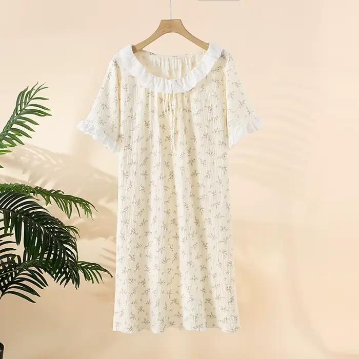 Chemise de nuit d'été à manches courtes pour femmes, gaze de coton pur, jupe de maison en dentelle, 