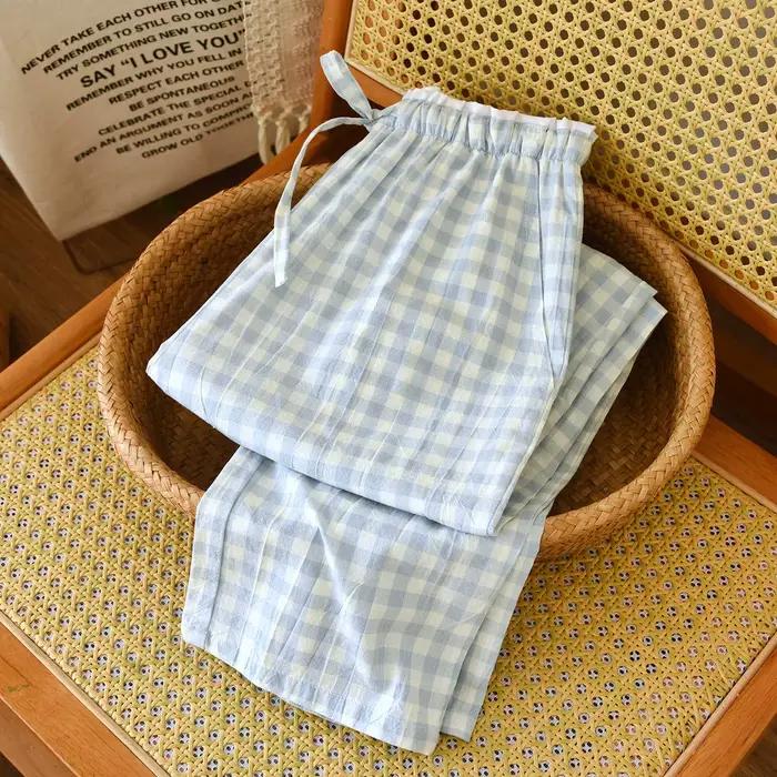2026 nouveaux vêtements de nuit pour femmes 100% coton gaze dentelle pantalons à carreaux japonais m