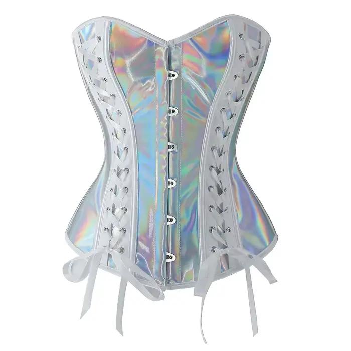 Steampunk Top Corset Argent PU Cuir À Lacets Surbuste Bustier pour Femmes Gothique Clubwear Sexy Tai