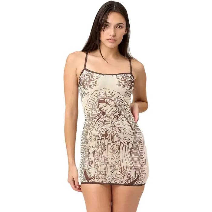 Kliou Sexy Voir À Travers Sling Robe Femme D'été Tendance Art Imprimer Col Bas Dos Nu Sans Manches S