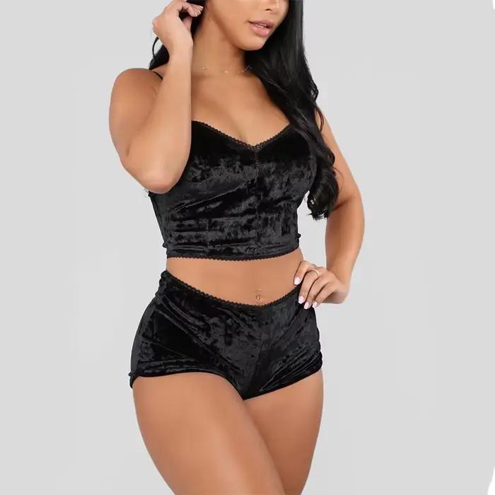 Ensemble de vêtements de nuit à bretelles Sexy pour femmes, ensemble deux pièces en velours noir et 