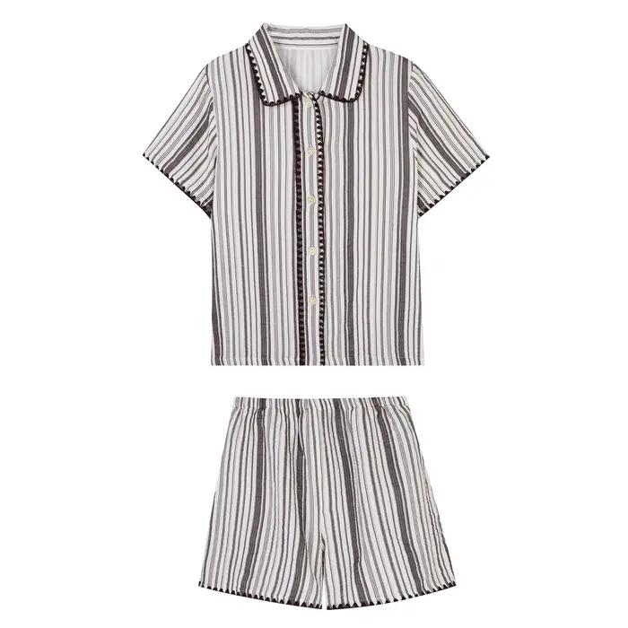 Pyjama rayé 2026 pour femme – Ensemble d'été à manches courtes avec cardigan haut de gamme pour la m