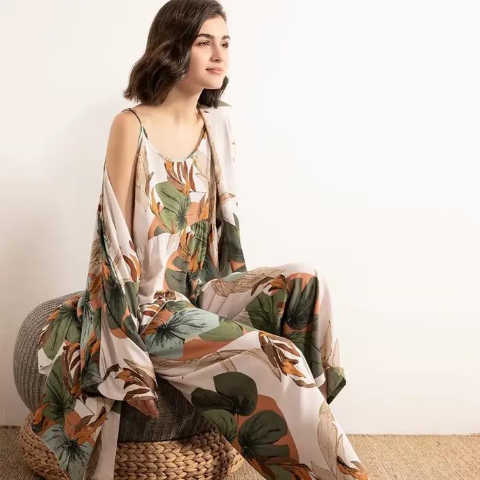 Ensemble pyjama 3 pièces pour femmes, Cardigan + Camisole + pantalon, imprimé de dessin animé, confo