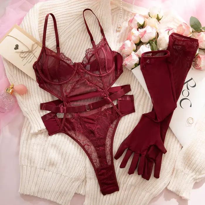 Lingerie séduisante pour femme, élégant body en dentelle rouge vin avec gants, tenue de soirée sexy,