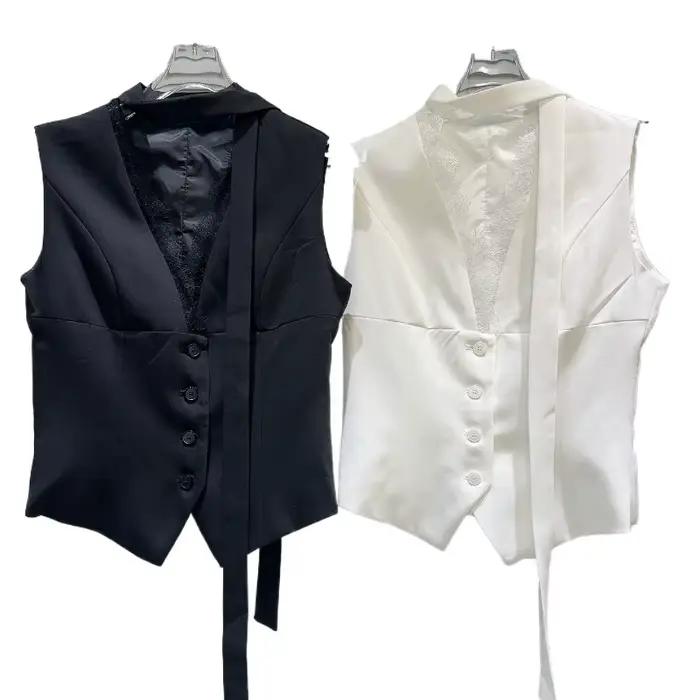 Haut à col en V avec coutures en dentelle pour femme, simple boutonnage, glaçage imbibé socialite, h