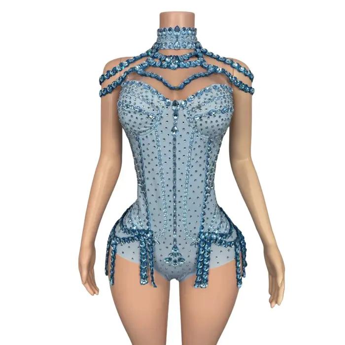 Combinaison Corset Sexy avec Col Amovible, Châle et Collier, Strass Bleus, Tenue de Scène, Robe de D