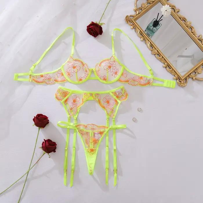 Ensemble de lingerie féminine Ellolace Honey, motif floral cyberpunk néon, 3 pièces, spectacle visue