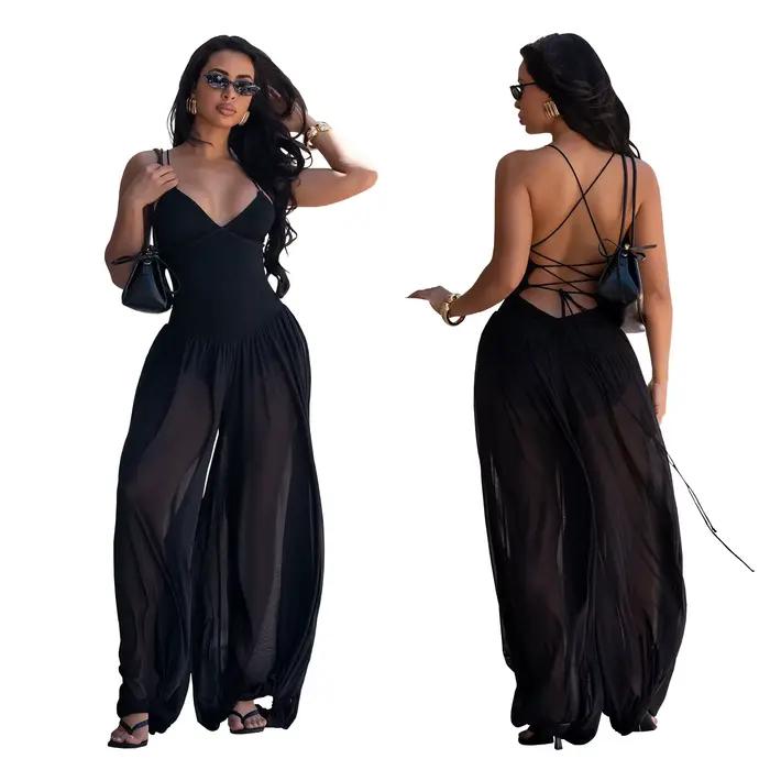 Nouvelle combinaison sexy pour femme 2026, dos nu, transparente en maille, ample, à jambes larges, t