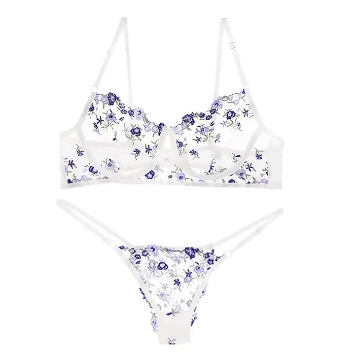 Ensemble de lingerie en maille transparente pour femmes, broderie lèvres rouges, soutien-gorge à arm
