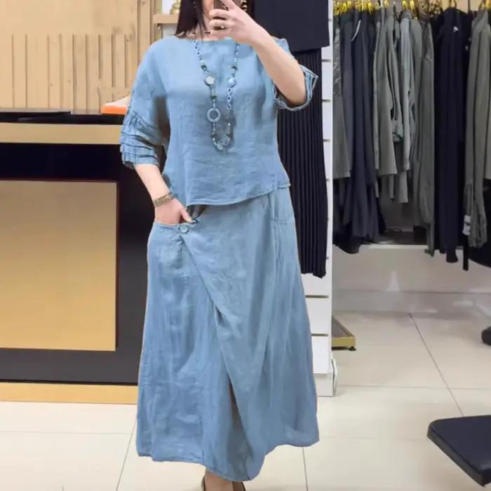 Nouvel ensemble chic deux pièces pour femme 2025 – Blouse unie décontractée et jupe midi ample – Ten