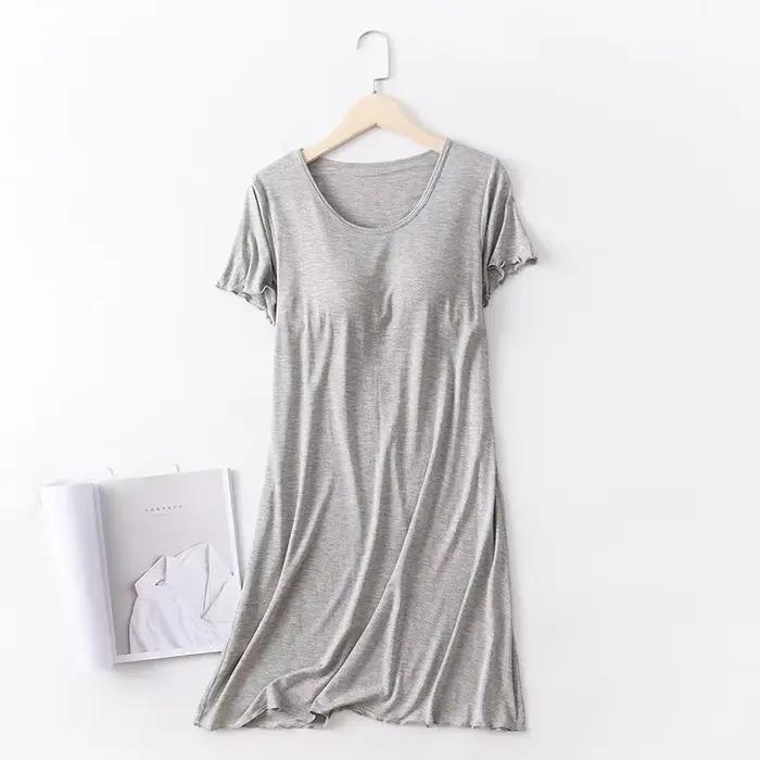 Robe de Nuit Modal avec Coussretours de Poitrine pour Femme, Pyjama à Manches Courtes, Sans Soutien-