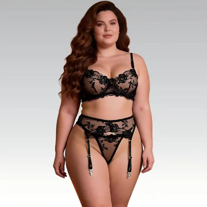 Grande taille 3XL ensemble de sous-vêtements broderie à armatures jarretière ensemble de Lingerie 3 