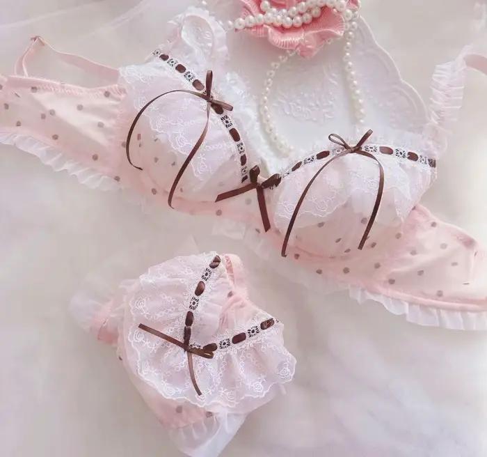 Lolita Kawaii Fashion Cute Dots Printing Mesh Lace Underwear Bra and Panties Set, Real Photo, Linger
