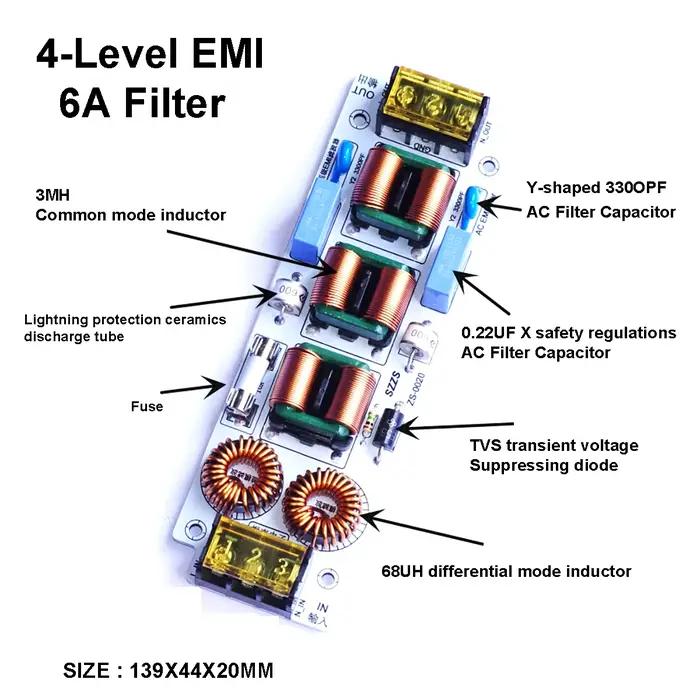 Filtre EMI AC 6A 10A, suppresseur d'interférences électromagnétiques à 4 étapes, purificateur d'alim