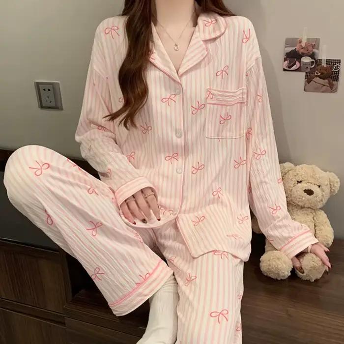 Pyjama Design Dtie avec nœud rose pour femmes, haut à manches longues et pantalon à taille élastique