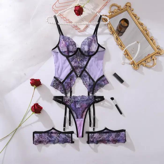 Ensembles de lingerie sexy avec broderie florale violette pour femmes, avec porte-jarretelles, trois