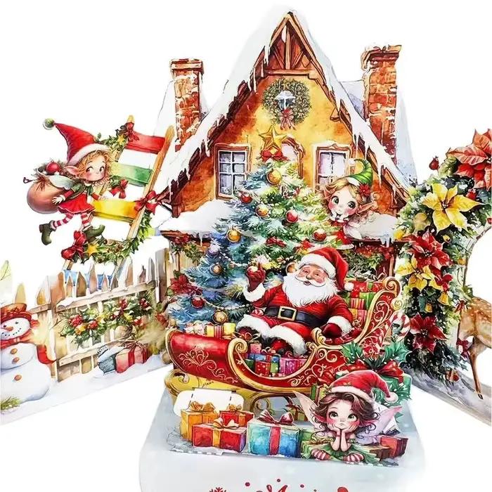 Carte de noël 3D, scène de nuit avant noël avec père noël, renne, Village enneigé et ciel clair de l