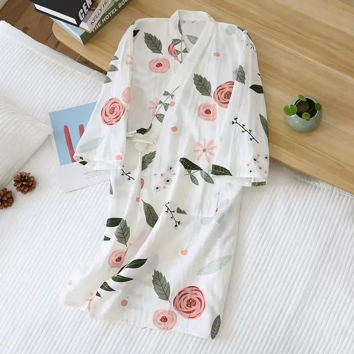 Robe de Nuit Kimono Japonais pour Dames, Peignoir Printemps et Été, Chemise de Nuit à Attache 100% C