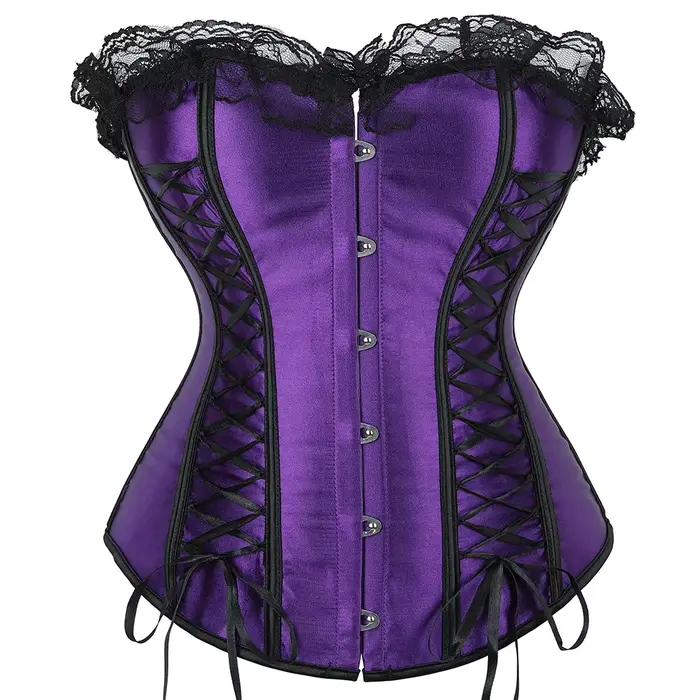 Corset vintage pour femme, sexy, surbuste, violet, à lacets, avec baleines, style victorien, en sati