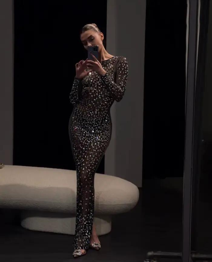Robe de nuit en maille transparente à manches longues pour femmes, robe maxi à paillettes, mince et 
