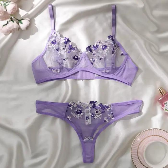 Ensemble de lingerie brodée violette, soutien-gorge et culotte, vêtements de nuit érotiques fantaisi