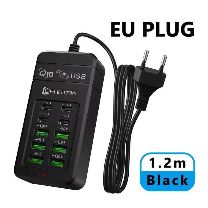 Chargeur USB rapide multiport avec prise EU UK US, avec câble de 1.2m, 6 Ports USB-A et 4 USB-C, ada