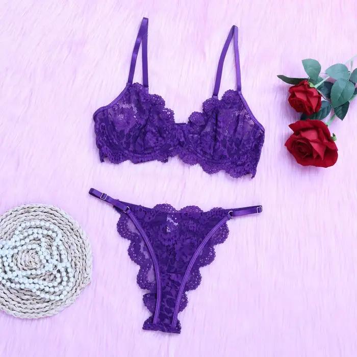Ensemble de lingerie érotique soutien-gorge et culotte, sexy, en dentelle transparente, non doublé, 