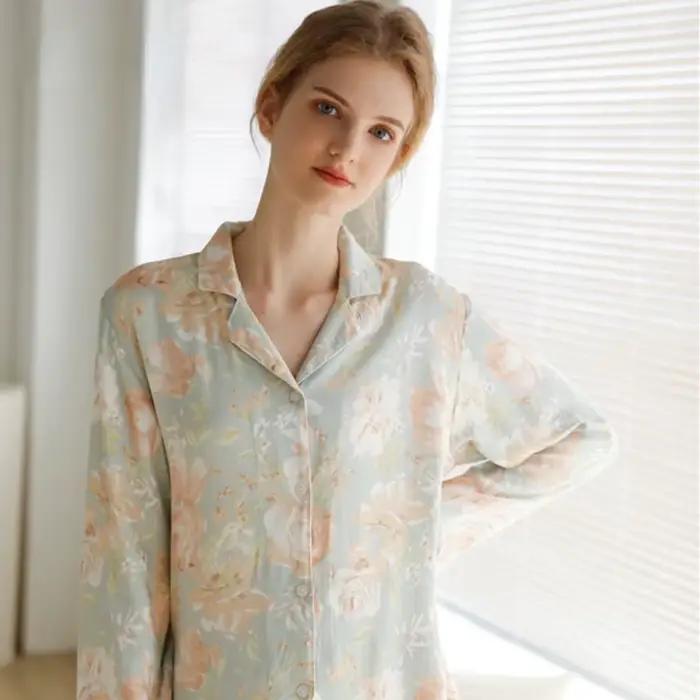 Pyjama à fleurs vertes fraîches pour femmes, olympiques de surintendant à manches longues, ensemble 