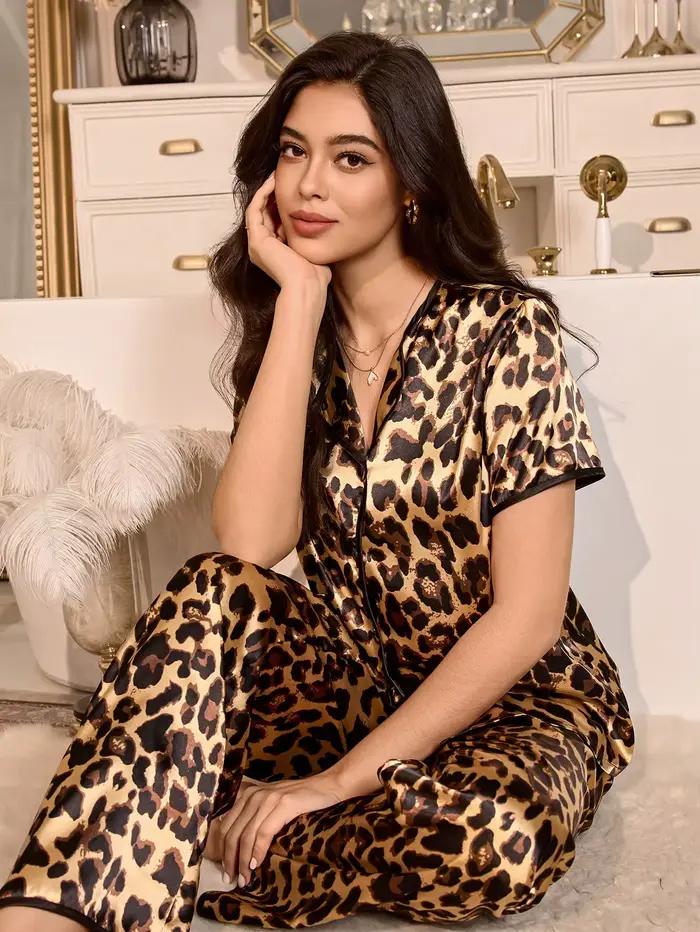 Pyjama imprimé léopard en faux satin, hauts à manches courtes avec pantalon long, ensemble de pyjama