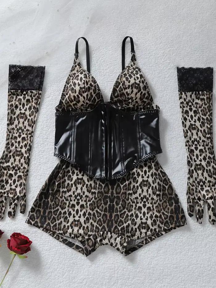 Combinaisons sexy moulantes à imprimé léopard, décolleté en V profond, manches longues, sous-vêtemen