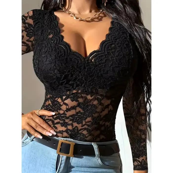 Combinaison moulante transparente en dentelle florale à col en V et manches longues pour femme, idéa