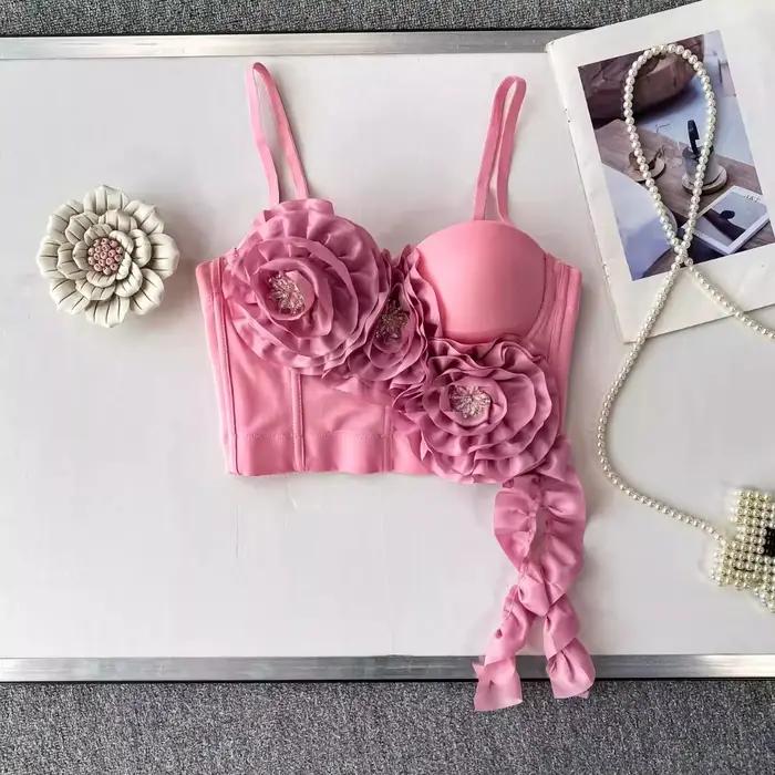 Foamlina européen lourd embelli 3D Floral licou soutien-gorge haut femmes 2025 nouveau ruban fluide 