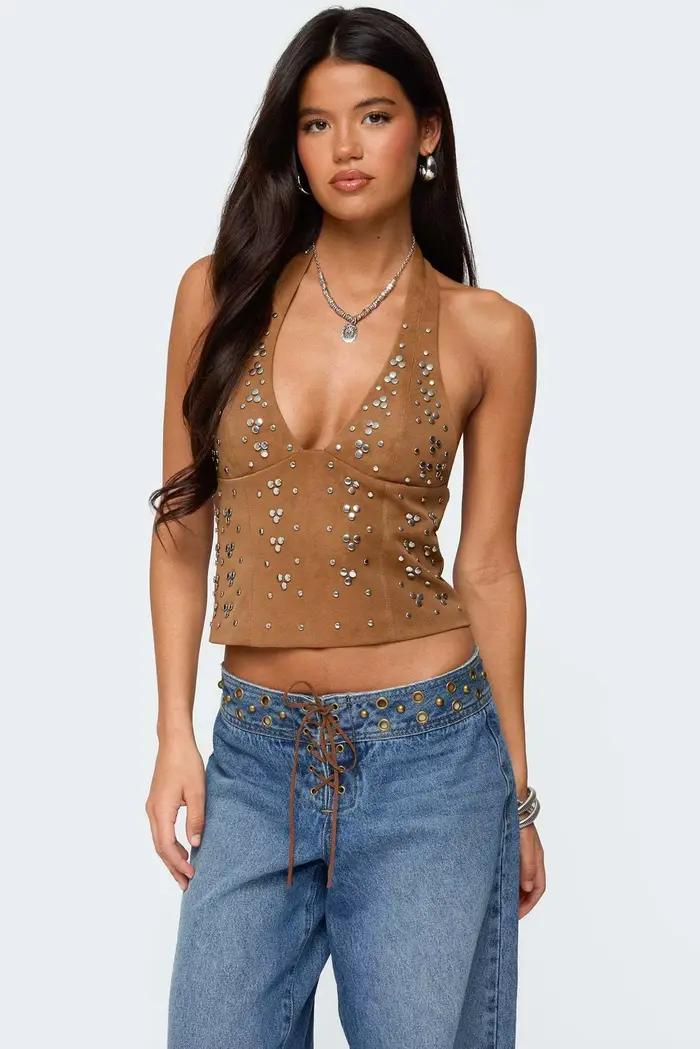 [You're My Secret] Débardeur Halter Femme Tendance Style Punk avec Rivets, Crop Top Sexy Noir, Camis