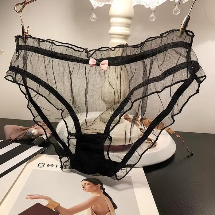 Femmes Sexy culotte transparente rose noeud coton entrejambe slips femme maille sous-vêtements respi